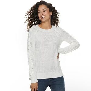 SO White Rib Knit Lace Up Sleeve Sweater